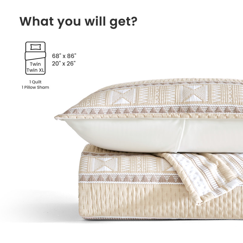 Sleep Zone King Size Cotton Jacquard Quilt Set 3 Pieces for All Season 106 x 96 Khaki Boho, King Quilt + 2 Shams, Khaki Boho