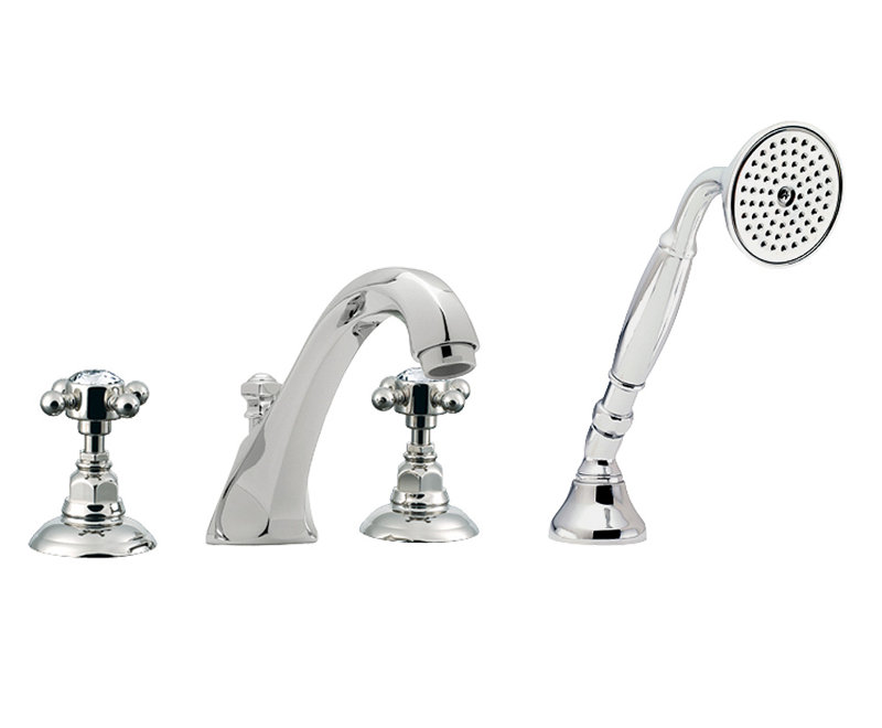 Robinet de baignoire romaine à fixation sur plateau à poignées doubles avec douche à main Country, Chrome poli