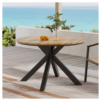 Table de salle à manger d'extérieur, plateau en teck et pieds en métal noir