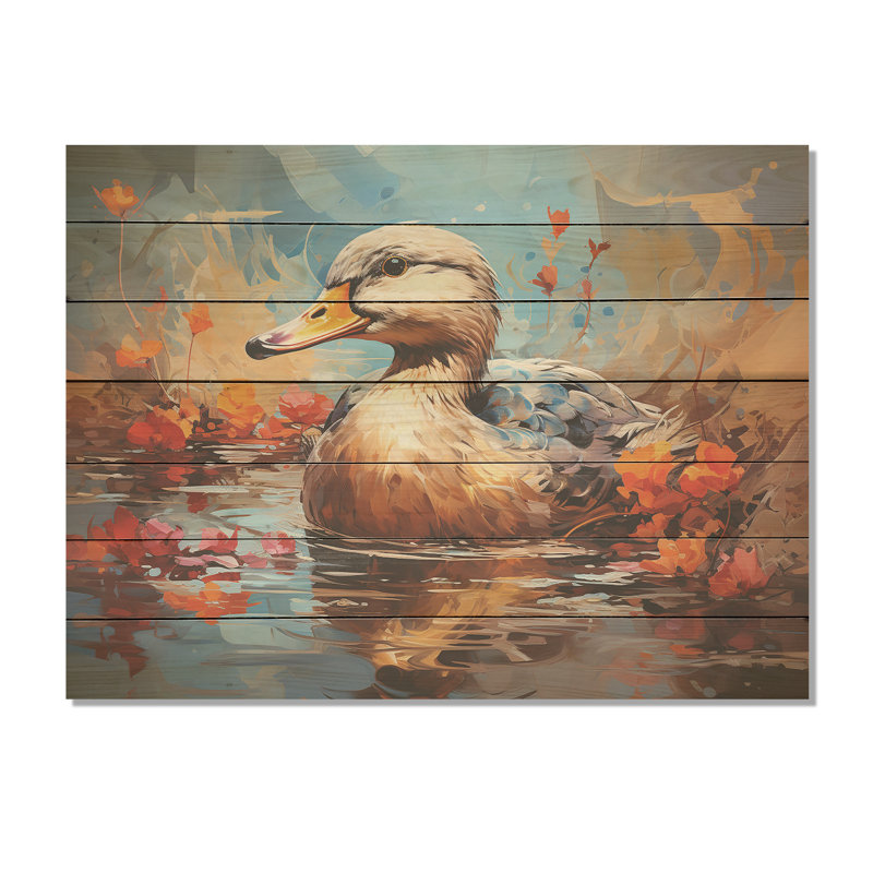 Canard bleu et brun dans un étang I - animal canard sur bois, H 10 po x l 20 po x P 0,78 po