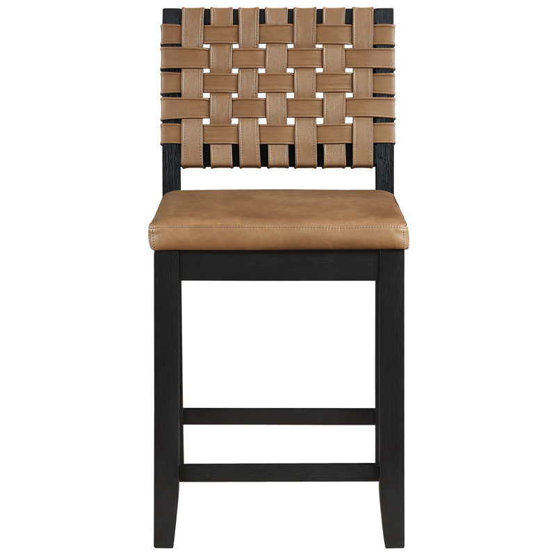 Chaise de comptoir en cuir végétalien Reid, Siège brun selle / cadre noir, Tabouret de comptoir (siège d'une hauteur de 25,7