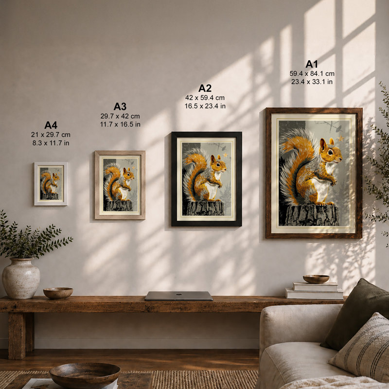 Alert Squirrel Rustic - Framed Print, A1 - 84.1 x 59.4 cm, Black