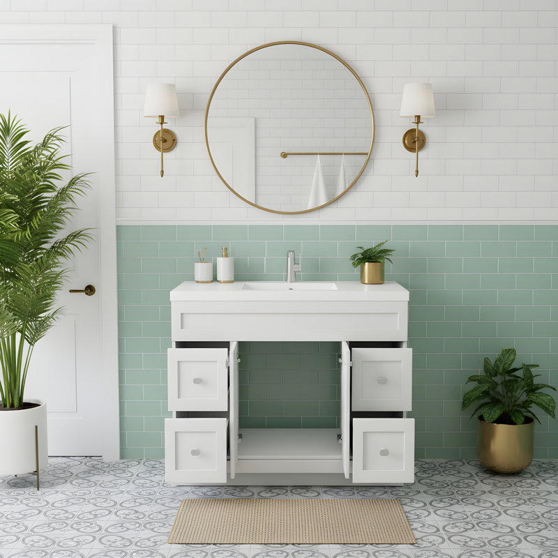 Meuble-lavabo autoportant avec plateau en marbre de culture et lavabo intégré Daisy, Blanc, 48"