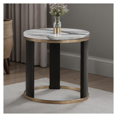 Table de bout ronde contemporaine avec plateau en marbre et anneau doré