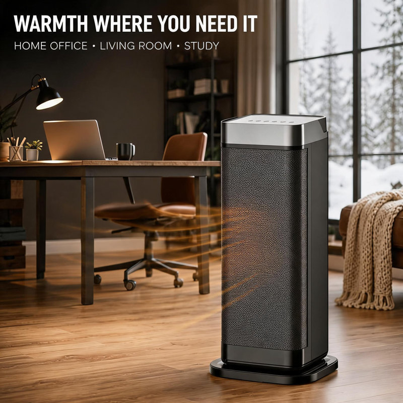 PTC Ceramic Space Heater, with 900W/1500W heat settings, overheat protection, Black