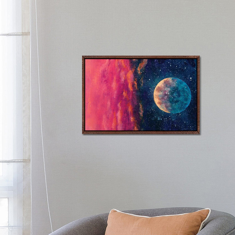 Fantastic Beautiful Big Planet Moon Among Stars In Universe by Valery Rybakow - Painting on Canvas, Classic Brown Wood Framed