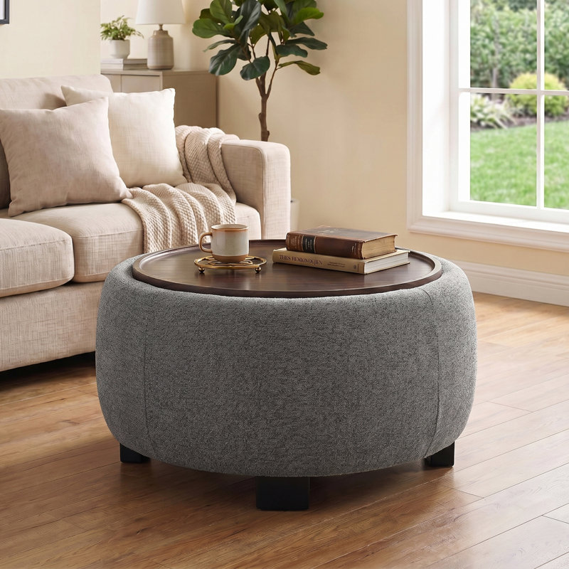 Round Cocktail Ottoman with Storage, Solid Dark Gray Chenille