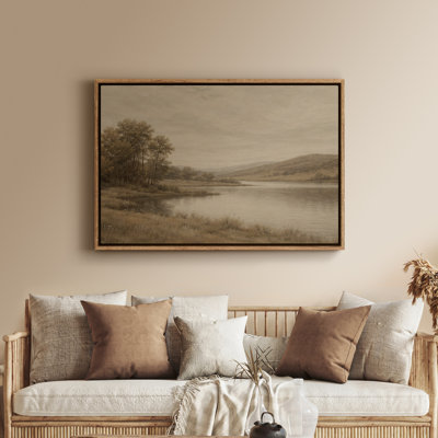 Art mural sur toile encadrée - Paysage de rivière tranquille avec arbres et Rolling Hills dans des tons neutres chaleureux - 16 po x 24 po, 24 po x 36 po