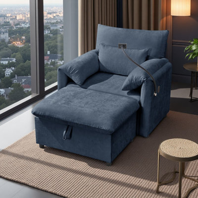Single Sofa Chair With Storage Ottoman & Adjustable Backrest & Folding Side Table & Phone Holder & Type-C and USB Charging Ports, Comfy Chenille Armchair for Bedroom Living Room