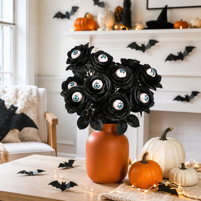 Lot de 10 tiges de roses noires artificielles pour l'Halloween, 29 cm (11,42 pouces) avec ornement en forme d'œil, fausses fleurs effrayantes pour remplir les vases, décoration gothique pour la maison, la table et les fêtes.