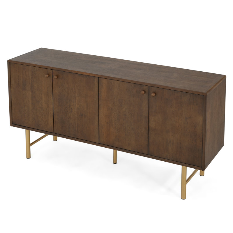 Shmuel Mid-Century Modern Wood Sideboard With Adjustable Storage And Gold Metal Base, Walnut