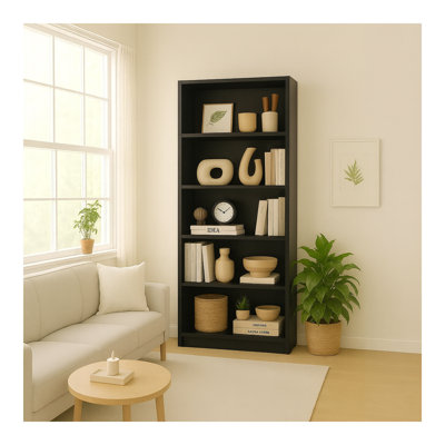 Bibliothèque à 5 niveaux avec étagère de rangement noire et bibliothèque ouverte avec ensemble de sécurité anti-basculement pour le salon et le bureau à domicile - Fabrication en panneau de fibres à densité moyenne