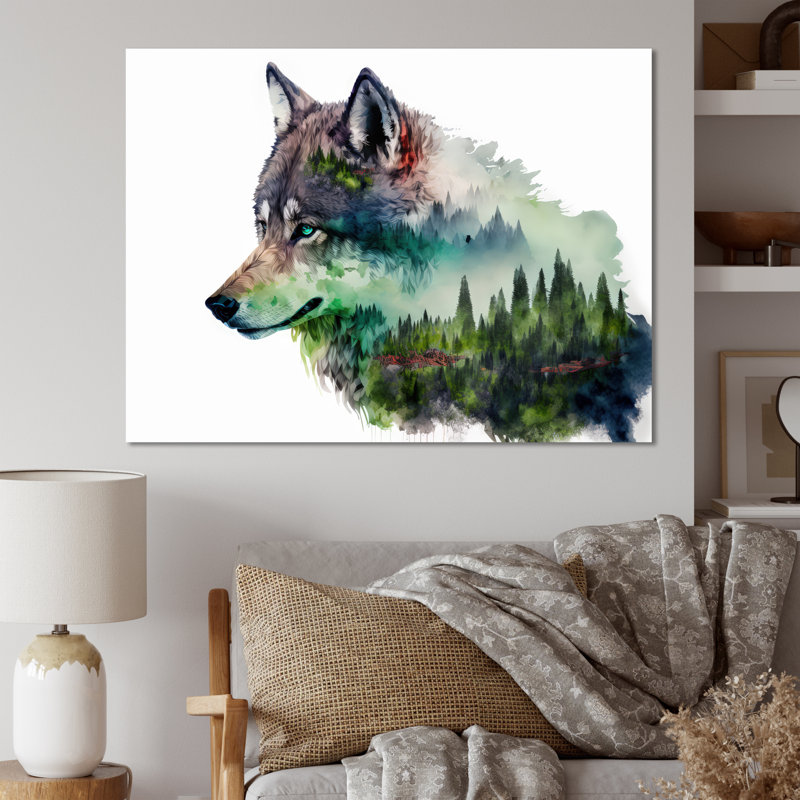 Double exposition d'un loup avec un paysage de forêt - loup, H 16 po x l 32 po x P 1 po, Toile tendue