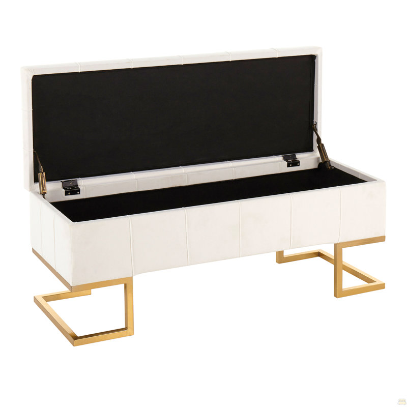 Banc de rangement contemporain en acier doré et velours blanc