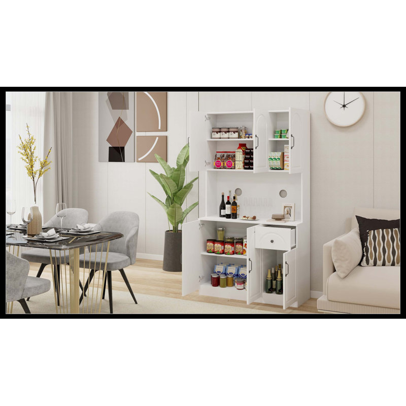 Armoire de rangement pour garde-manger de 71 po avec comptoir pour micro-ondes, huche autoportante avec tablettes réglables, 6 portes et 1 tiroir, blanc