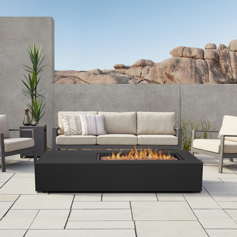 Aegean 75" Asymmetrical Rectangle Steel Propane or Natural Gas Fire Pit Table in Black by Real Flame, Black