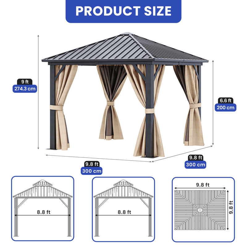 10x10ft Brown Hardtop Aluminum Patio Gazebo with Galvanized Steel Roof, Netting & Curtains, for Backyard, Deck, Lawn, or Outdoor Use
