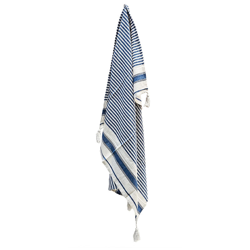 Couverture douce en coton 1pc, Rayé bleu / blanc