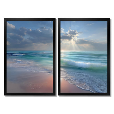 «White and Pink Sunset Gentle Waves - Beach Wall Art, White Coastal, reproduction sur toile 2 pièces