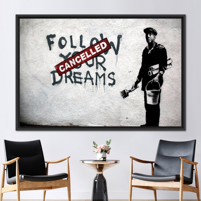 Impression sur toile Banksy Street Art - «Follow Your Dreams Cancred», décoration murale graffiti, H 41 po x l 94 po, Noir