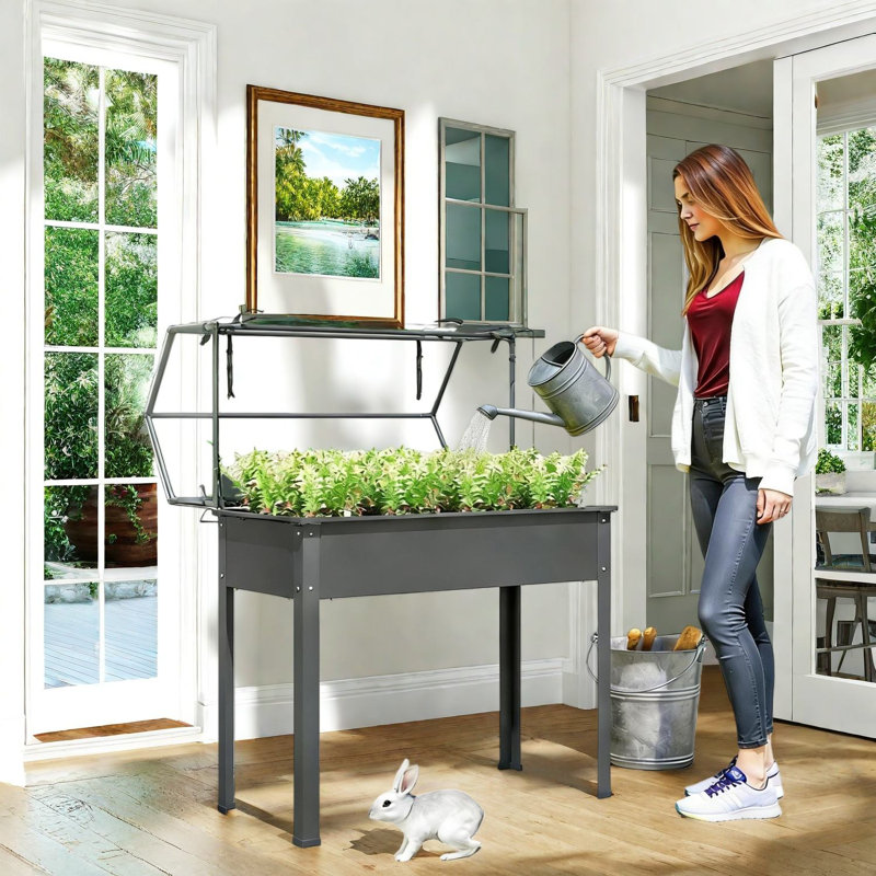 Multifunctional Steel And Metal Planters With Greenhouse, Rustic Outdoor Garden Box