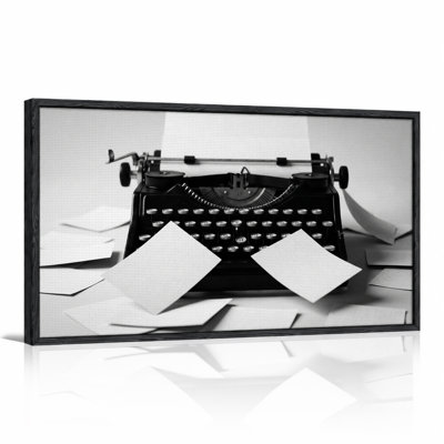 Vintage Typewriter and Scattered Paper Black and White Canvas Wall Art