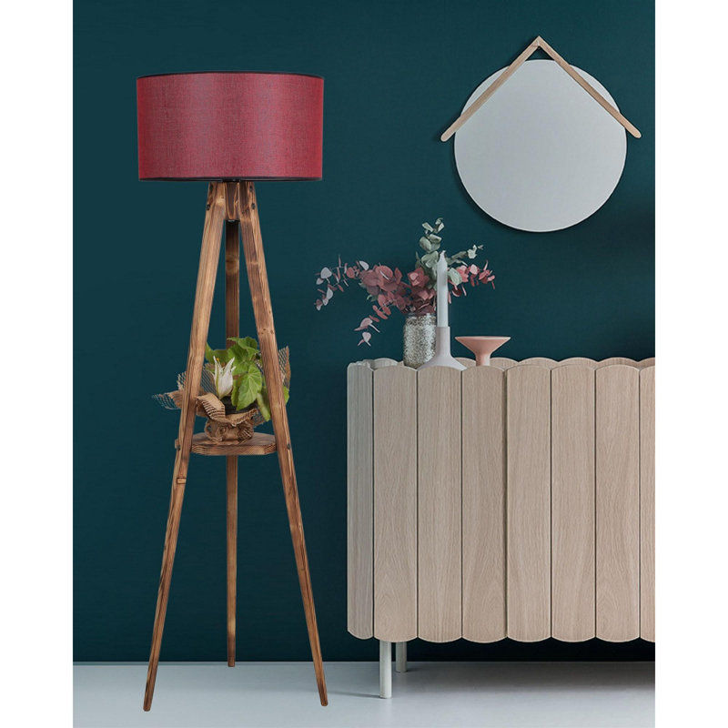 Luro Elegant Wooden Floor Lamp with Fabric Cap, Brown & Claret Red, 60W Max | Total Height: 60.2 in, Base Diameter: 19.7 in, Shelf: 10.2 x 10.2 in | On/Off Switch, Electrostatic Oven Dried Paint | Perfect for Living Room & Bedroom Decor