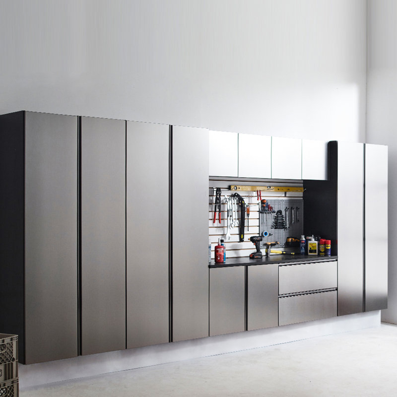 Armoire de garage de la série Metallic Grey - fixation murale, fermeture en douceur, espace de rangement très profond, preuve de l'eau et de la chaleur, égratignure, panneau E0, plus épais, élégant, fermeture pratique en bois, qualité 2X