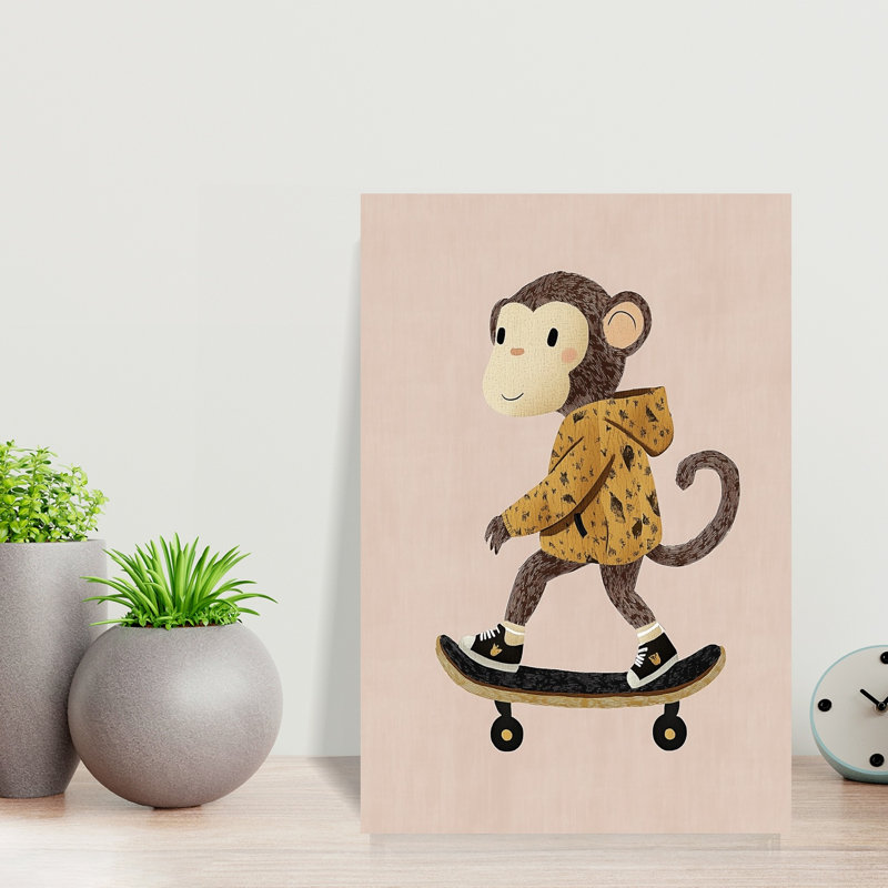 Cute Monkey Skater Playful Contemporary Monkey Wall Art Print 1 Piece Wrapped Canvas Wall Art, 45.72cm H x 30.48cm W