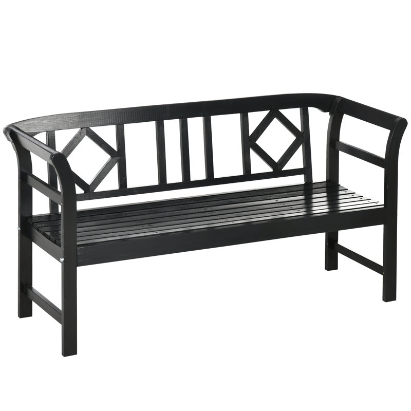 Siège de patio noir rustique, en bois avec et, motif de losanges champêtres pour banc de 3 personnes, extérieur
