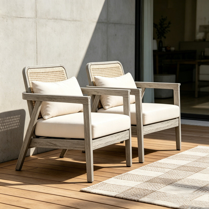 Outdoor Acacia Wood Patio Club Chair, Light Gray-2piece
