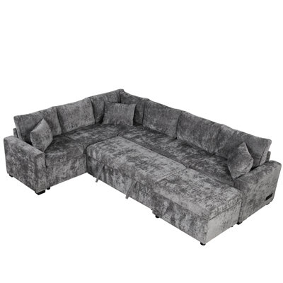 112.2" Grey Sectional Bed, Movable With Charging Ability & 3 Pillows For Living Area In Storage , Features Extra