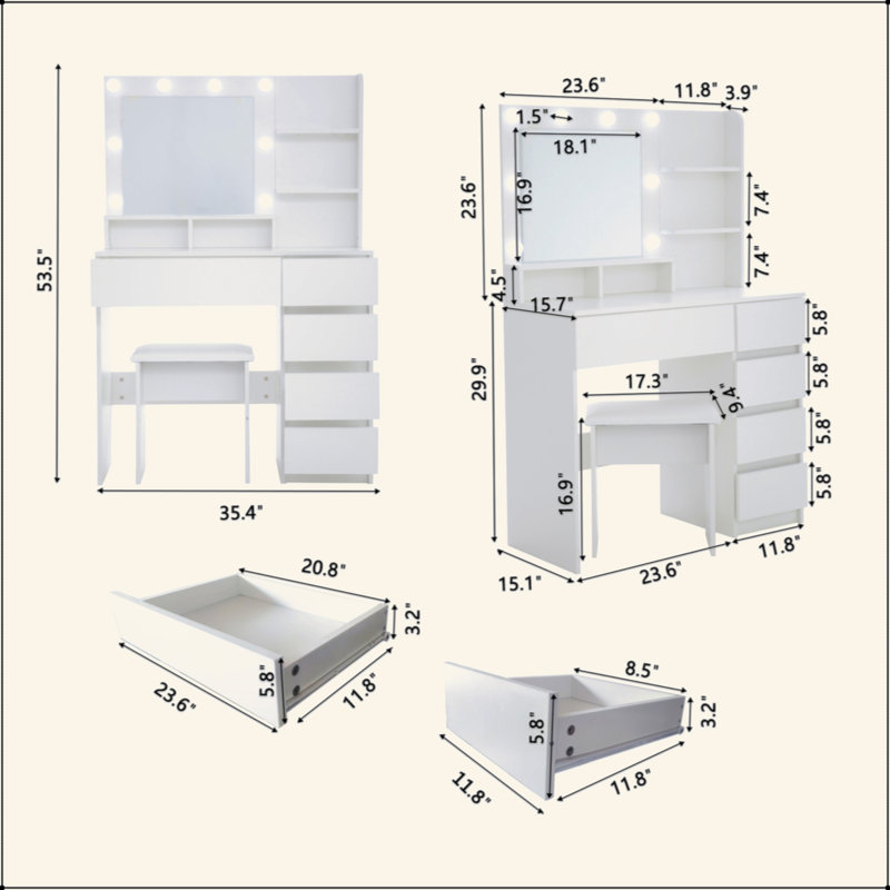 Vanity, Makeup Vanity Desk Set With Mirror & Light, Dressing Table Storage Lots With Power Strip, 3 Lighting Modes With Adjustable Brightness, 37 Inches  (White With Stool)