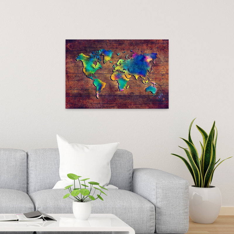 Art mural contemporain coloré carte du monde, H 24 po x l 36 po