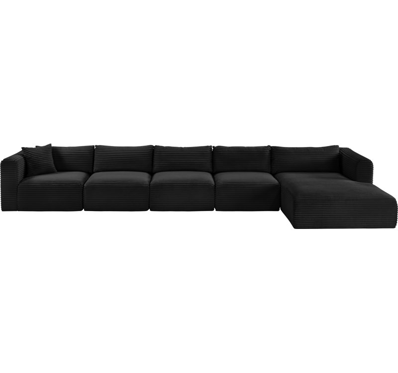 Canapé modulaire en L Carmean Performance, Tissu velours côtelé texturé noir, 3 sans accoudoirs, 1 méridienne, 1 coin