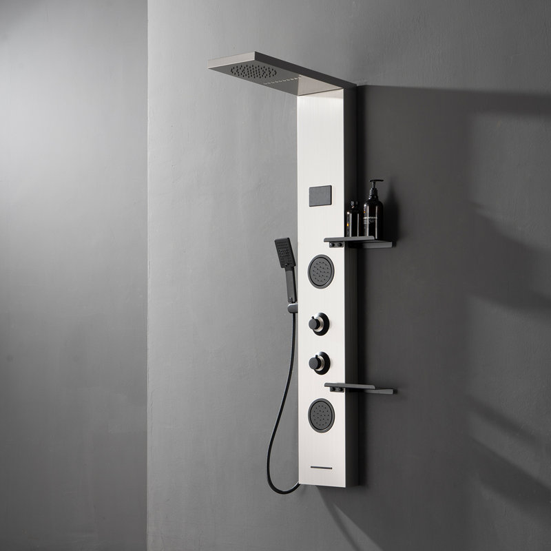 Double système de panneau de douche 4-en-1 2 jets de pluie avec pomme de douche, tablette, bec et lumière DEL, Nickel