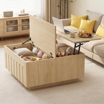 Lift Top Coffee Table With Storage For Living Room, Fluted Mid Century Modern Coffee Tables With Flip-up Lids, 31.5" Square Rustic Wood Center Table With Hidden Compartment , Natural