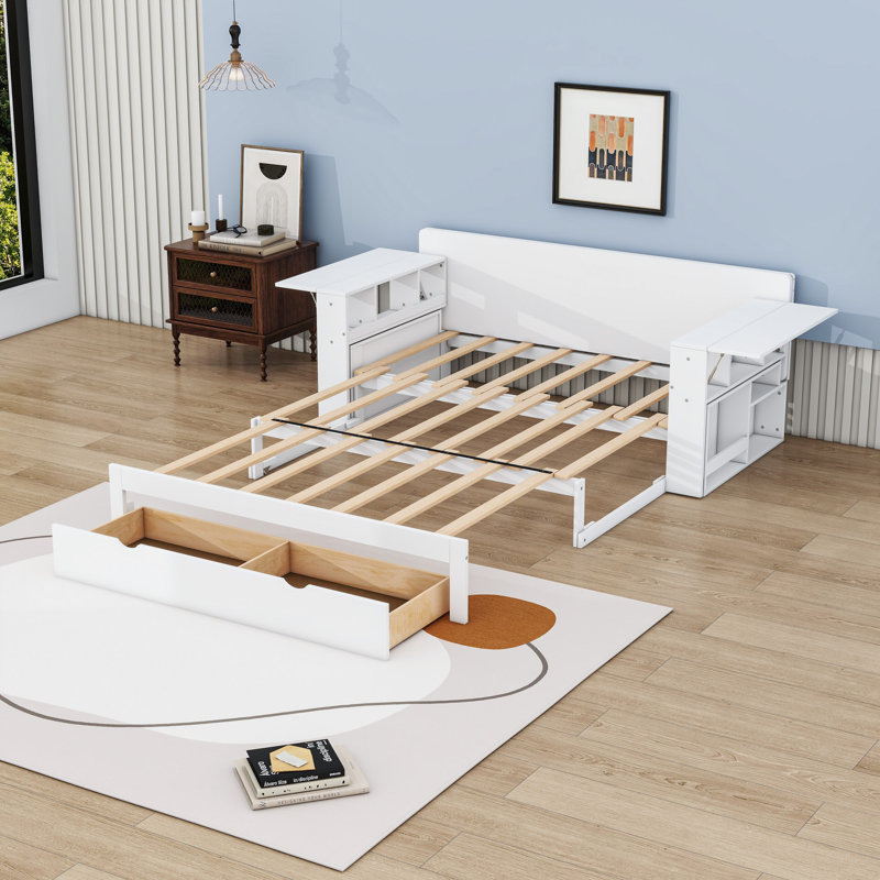 Lit de jour convertible en bois avec bureau intégré et tiroir, Complet/Double, Blanc