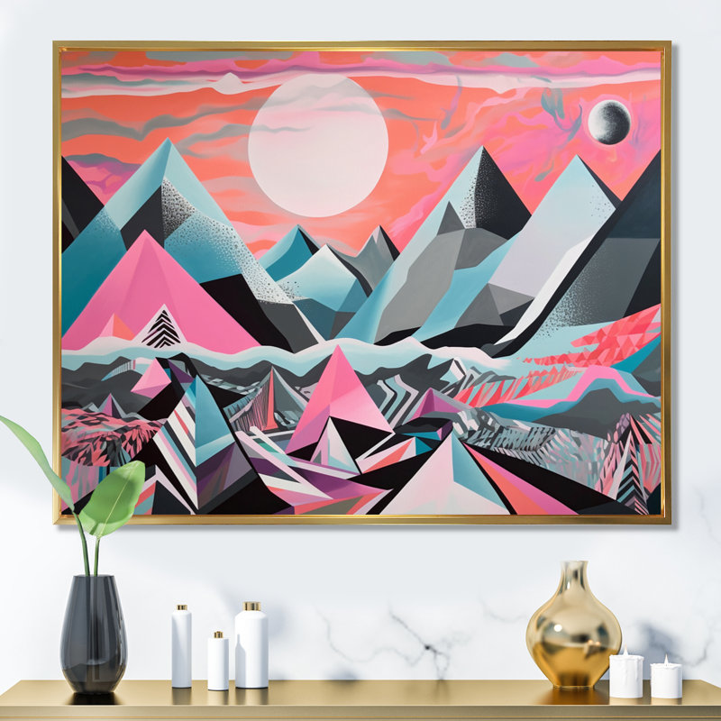 Desaree " Pink Sharp Mountains ", 34" H x 44" W x 1.5" D, Gold Floater Framed