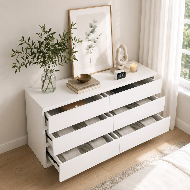 Commode blanche minimaliste avec 6 tiroirs et une large surface de présentation, White