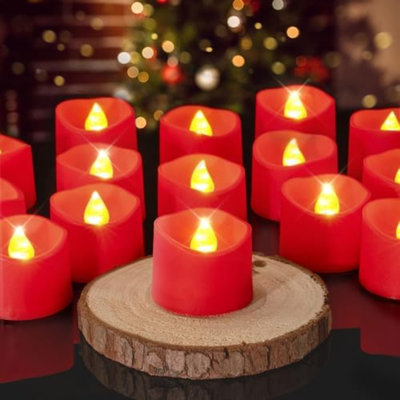 Red Tea Lights Candles Battery Operated, 200+Hour Flameless Flickering Fake Electric LED Colored Tealights Candles for Party, Wedding, Anniversary, Halloween, Christmas, 12-Pack