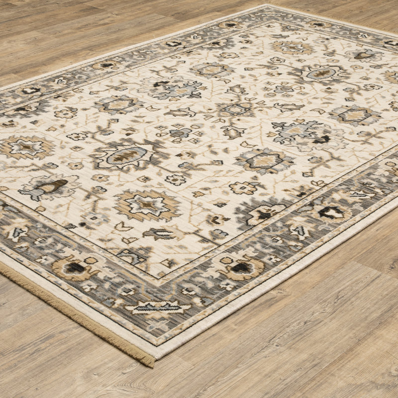 Kuester Traditonal Bordered Beige/ Grey Wool Blend Area Rug, Rectangle 9'10" x 12'10"