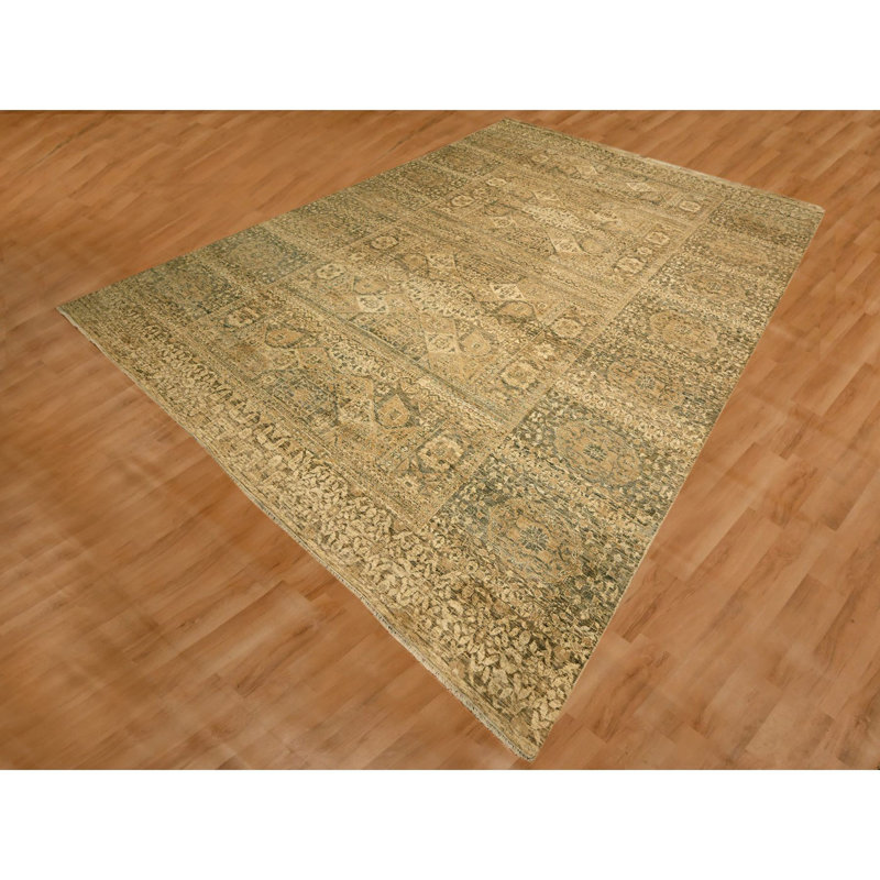 Tapis oriental brun 10 pi x 13 pi 8 po, conception mamelouke, velours zéro, patiné, rasé à la main, 100% laine noué à la main