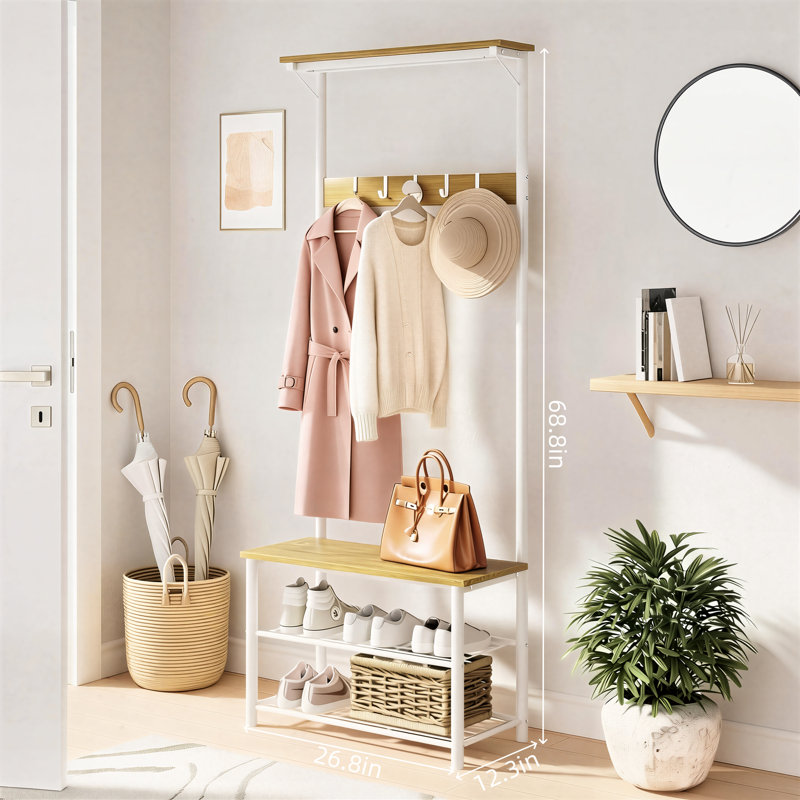 This Metal And Solid Wood Combination Coat Rack Features A Built-In Shoe Bench And Cabinet, Three Storage Shelves, Five Removable Hooks, And A Simple, Pure White Design.