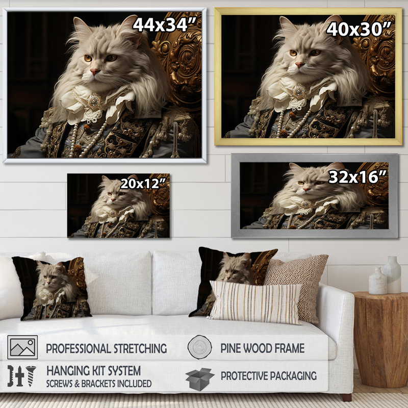 Portrait de chat persan habillé en costume - reproduction de toile de chat, Cadre simple noir, H 34 po x l 44 po x P 1,5 po