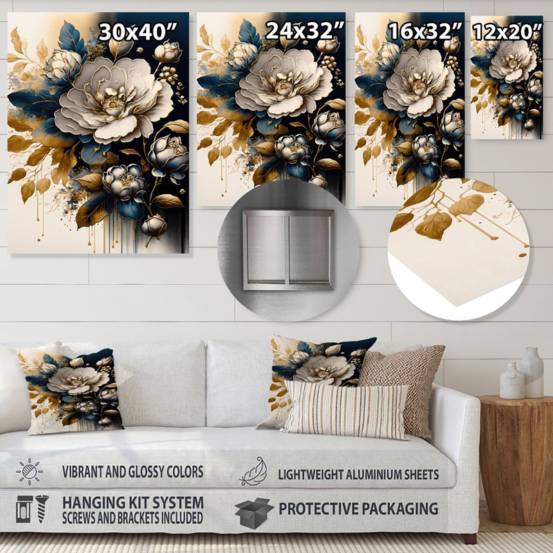 Lanagan Blue and white Camellia Bouquet I - Blue Flower metal Wall Decor, 32" H x 16" W x 1" D