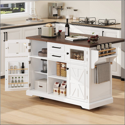 54.9-Inch Farmhouse Kitchen Island with Drop Leaf, Charging Station, and Ample Storage for Modern and Rustic Kitchens