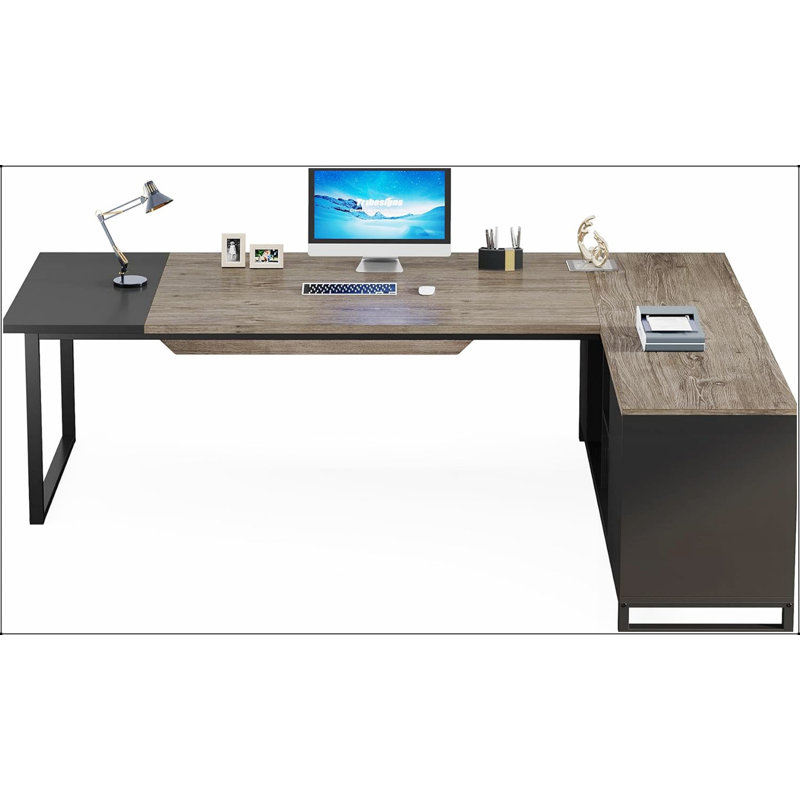 Bureau de direction en L 70,8 po avec classeur de 55 po, poste de travail industriel pour la maison et le bureau