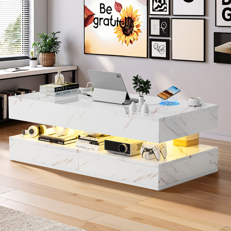 Table basse moderne à DEL ultrabrillante avec chargement sans fil, haut-parleur Bluetooth et rangement à 2 niveaux, Blanc