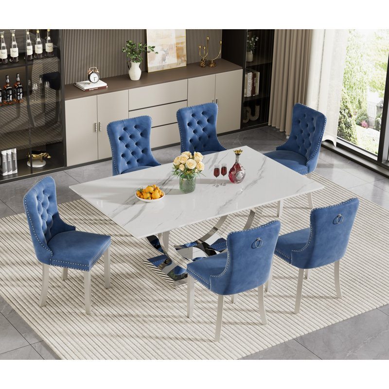 Faux Marble Dining Table Set, 69.3" Rectangular Dining Table & Tufted Velvet Chairs, Modern Kitchen Dining Room Table with Dual U-Shape Stainless Steel Base and Chairs Set